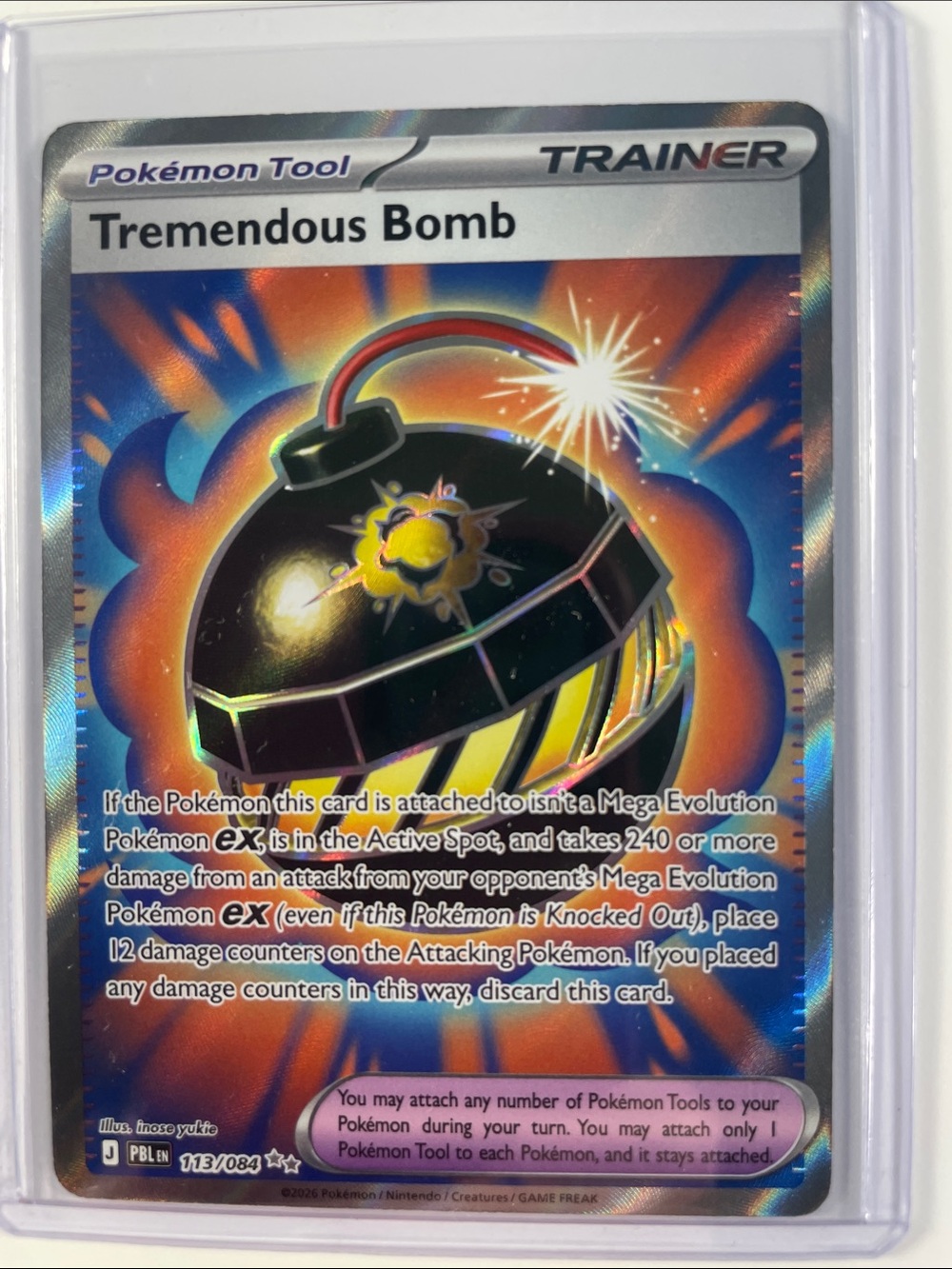 Pokemon Tremendous Bomb Trainer Tool Holo Card - Black, Yellow, Orange